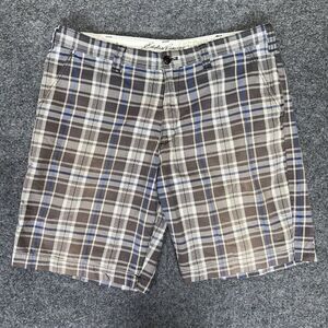 Eddie Bauer Shorts Mens 38 (36x9) Blue Grey Plaid Legend‎ Wash Flat Front Adult